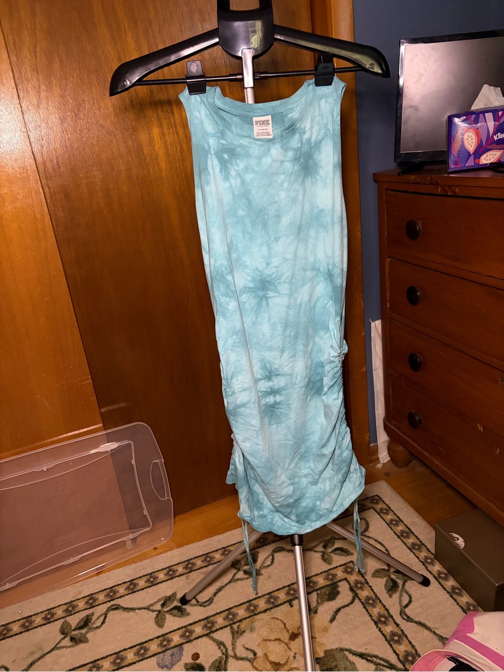 Tie-Dye Aqua Sleeveless Ruched Dress